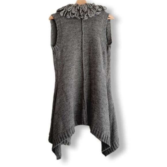MINKAS Loop Fringe Collar Open Front Knit Vest Cardigan Sz M - Picture 2 of 10